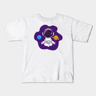 Cute Astronaut Meditation Yoga In Space With Planet  Cartoon Kids T-Shirt